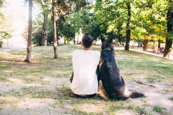 Sahibi ve parkta köpek — Stok fotoğraf