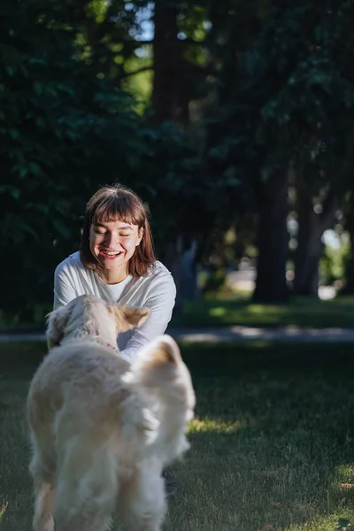 Vacker kvinna med lekfull ung hund på färsk grön äng — Stockfoto