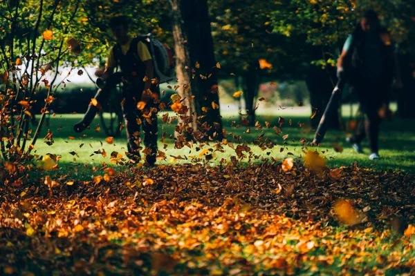 People operating a heavy duty leaf blower.