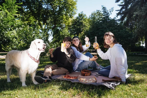 Compañía de hermosos jóvenes y perros teniendo un almuerzo al aire libre. —  Fotos de Stock