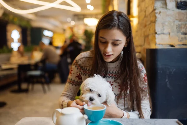 Hermosa mujer está sosteniendo su lindo perro, beber café en la cafetería — Foto de Stock
