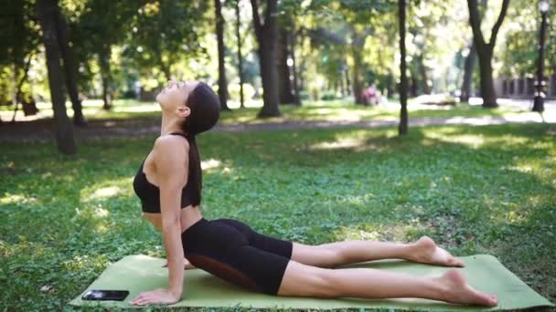 Atlétikai fiatal nő jógázik a parkban reggel. — Stock videók