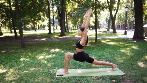 Sportowa młoda kobieta uprawia jogę w parku rano. — Wideo stockowe