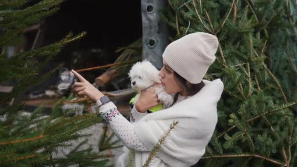 緑のクリスマスツリーの近くに彼女の腕の中で白い犬を持つ女性 — ストック動画