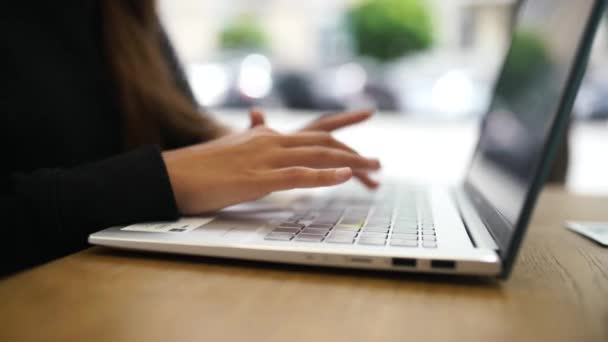 Female student using net-book while sitting in cafe — Stock Video