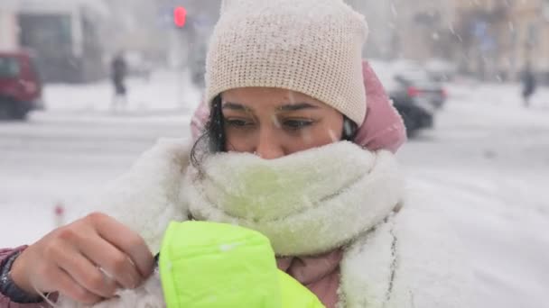 Девушка с собакой в руках, снег падает — стоковое видео