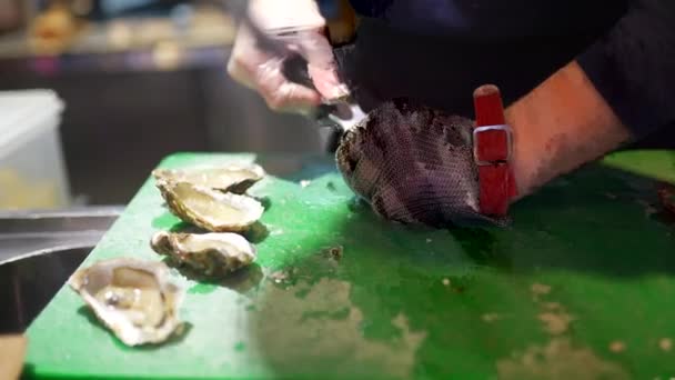 มือของพ่อครัวเปิดหอยนางรม ปิดมุมมอง — วีดีโอสต็อก
