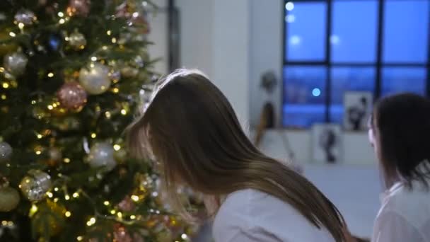 Mujeres bastante atractivas decoran el árbol de Navidad con bolas — Vídeos de Stock