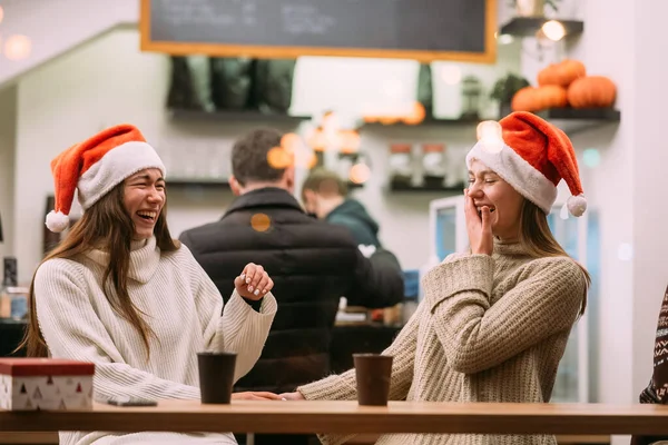 Portrait of happy cute young friends having fun in cafe — Stok Foto