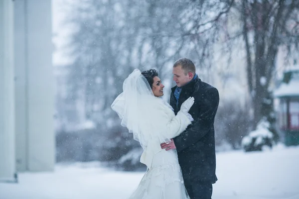 新娘和新郎在冬季的城市 — 图库照片