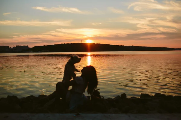 Chica y perro en el lago — Foto de Stock