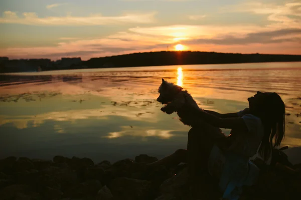 Dziewczyna i pies na jeziorze — Zdjęcie stockowe
