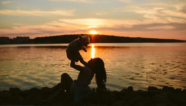 Chica y perro en el lago — Foto de Stock