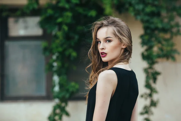 Attractive fashion woman in black dress — Stock Photo, Image