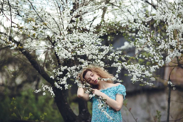 美しい少女の花の木の肖像 — ストック写真