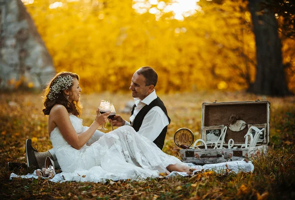 Красива весільна пара на пікніку під деревом — стокове фото