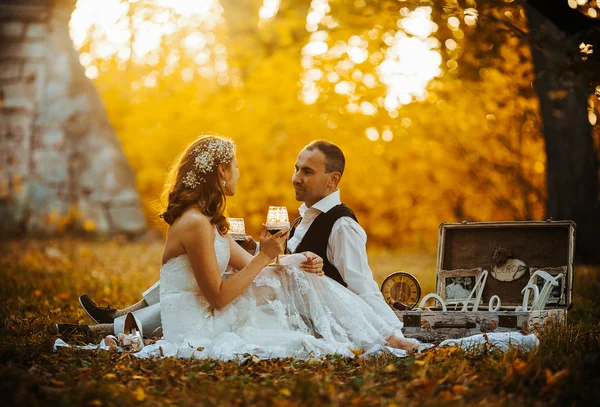 Hermosa pareja de boda en un picnic bajo el árbol — Foto de Stock