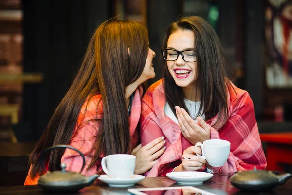 Duas meninas jovens e bonitas fofocando — Fotografia de Stock