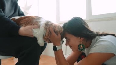 Diz çöküp burnunu sokan kadın pencereye doğru yumuşak bir güneş ışığı yakın bir göz teması, sevgi dolu bir hayvan bağı, gündelik bir ilişki.