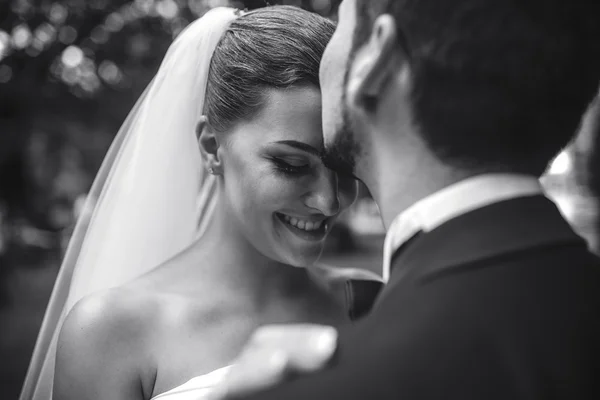 Bella sposa accarezzare delicatamente, il viso dello sposo — Foto Stock