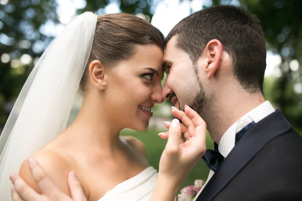 Bella sposa accarezzare delicatamente, il viso dello sposo — Foto Stock