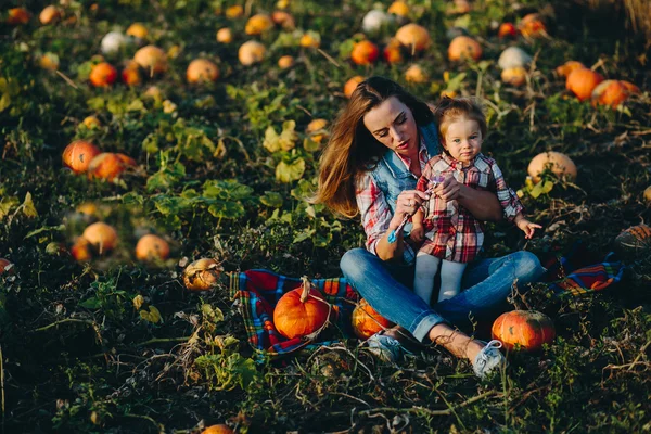 Mor och dotter på en åker med pumpor — Stockfoto