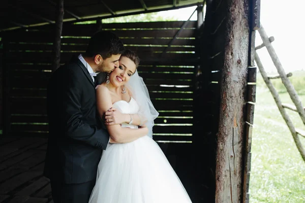 Foto pasangan indah di alam di pondok kayu — Stok Foto