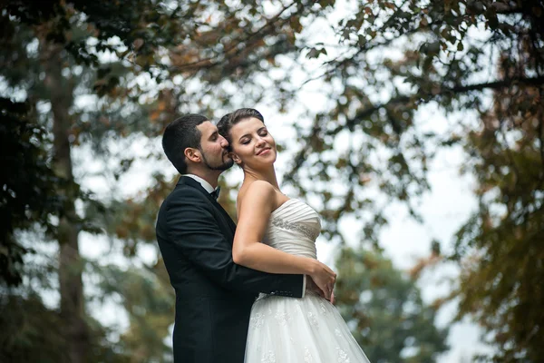 Sposo abbracciare sposa da dietro — Foto Stock