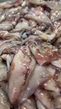 Parlak mürekkep balığı yığını parçalanmış uskumru, soluk manto ve kaygan dokunaçlar, perakende tezgahı yakın, dokunulabilir ıslak.