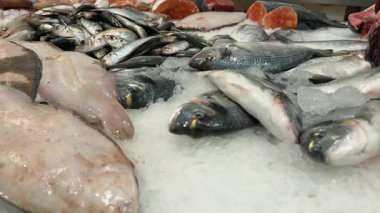 Ezilmiş buz üzerinde taze uskumru, market ışıklarının altında parlayan gümüş balık yığınına yakın çekim, stokları düzenleyen balıkçı, nemli pullar.
