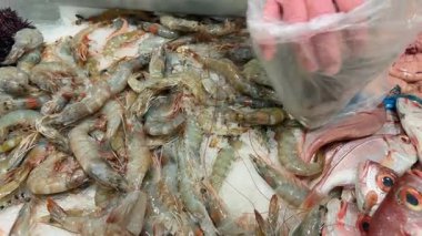 Tedarikçi, buzdaki taze karidesleri sınıflandırıyor. Eldivenli kol, kalabalık yığından örnekler topluyor. Balık filetosuyla canlı pazar aktivitesi.