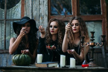 Three vintage witches perform magic ritual clipart
