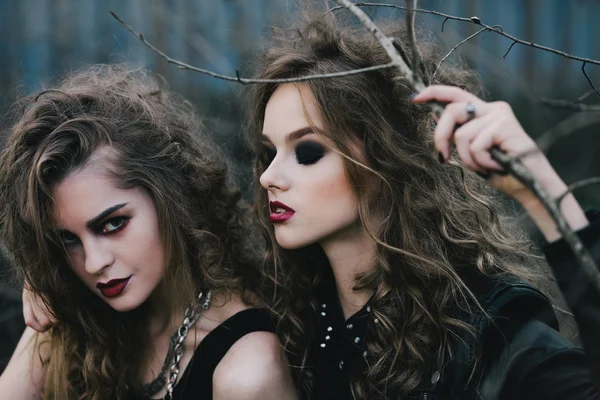 Duas bruxas vintage reuniram véspera de Halloween — Fotografia de Stock