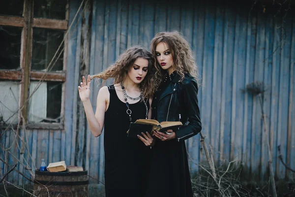 Duas bruxas vintage reuniram véspera de Halloween — Fotografia de Stock