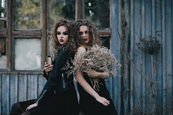 Duas bruxas vintage reuniram véspera de Halloween — Fotografia de Stock