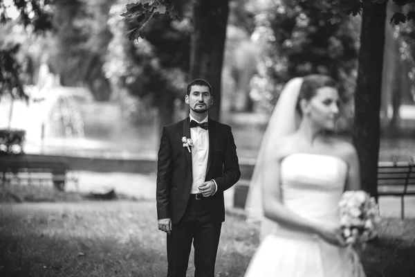 Наречений стоїть за нареченою — стокове фото