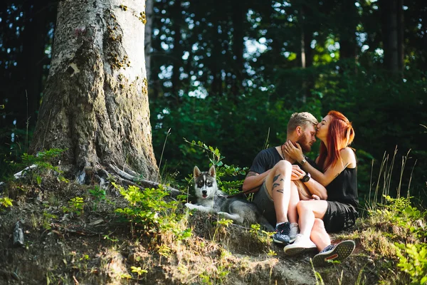 Vackra paret sitter i en skog nära trädet — Stockfoto