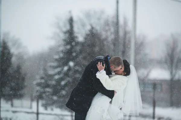 Noiva e noivo andando na neve — Fotografia de Stock