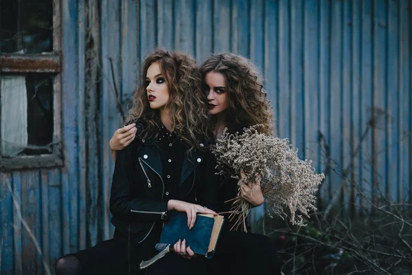 Two vintage witches gathered eve of Halloween — Stock Photo, Image