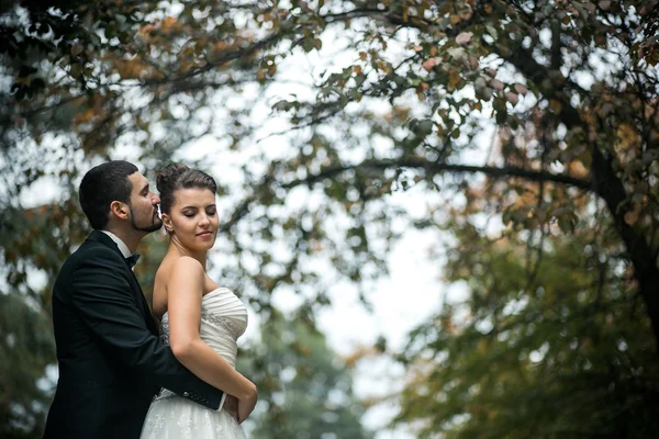 Sposo abbracciare sposa da dietro — Foto Stock