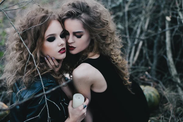 Two vintage witches gathered eve of Halloween — Stock Photo, Image