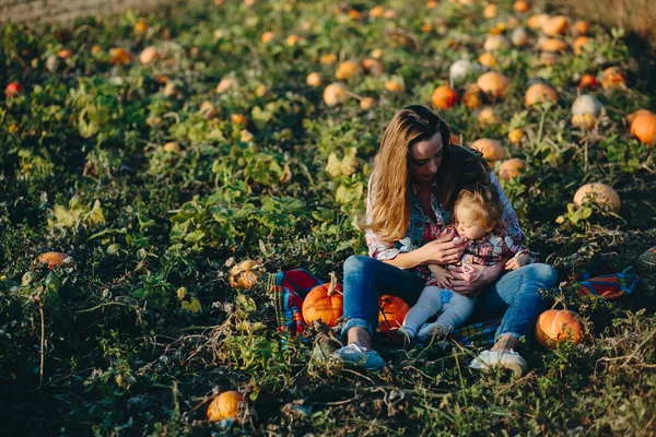 Mãe e filha em um campo com abóboras — Fotografia de Stock