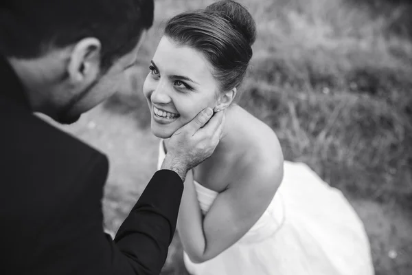 Ženich se jemně dotýká tvář jeho nevěsta — Stock fotografie