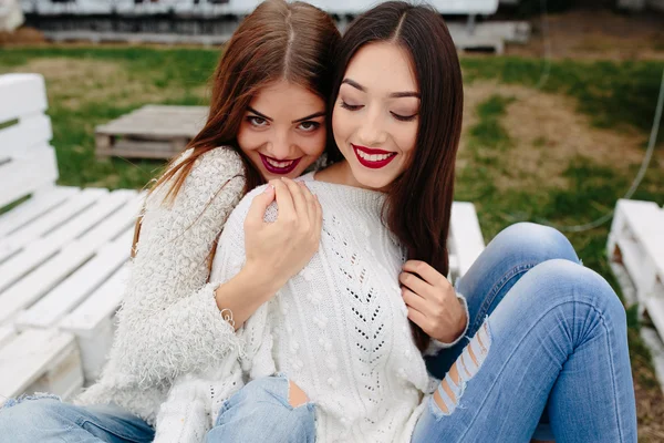 벤치에 selfie를 만드는 두 여자 — 스톡 사진