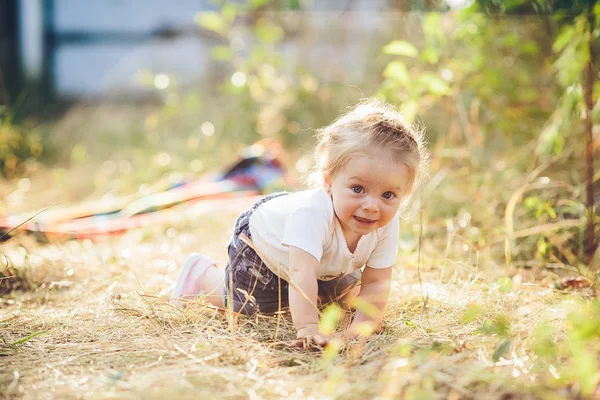 Little girl crawling on the lawn — Stock Photo, Image