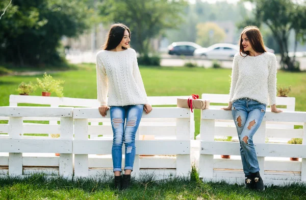 Две девушки тощая скамейка — стоковое фото