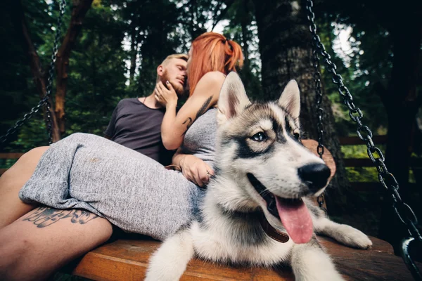 Hermosa pareja junto con perro en un columpio —  Fotos de Stock