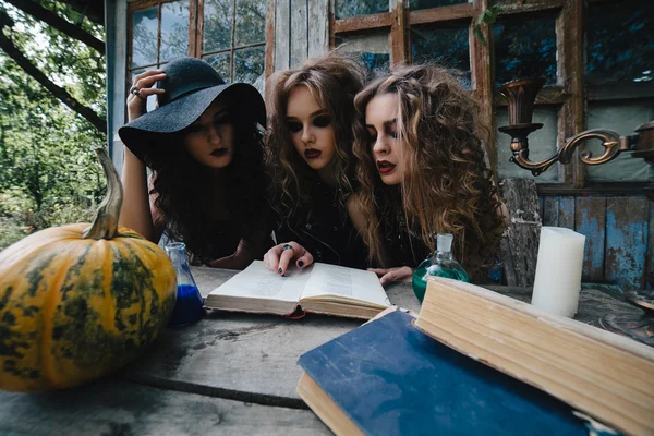 Three vintage witches perform magic ritual — Stock Photo, Image