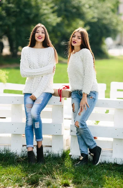 Zwei Mädchen lehnen Bank — Stockfoto