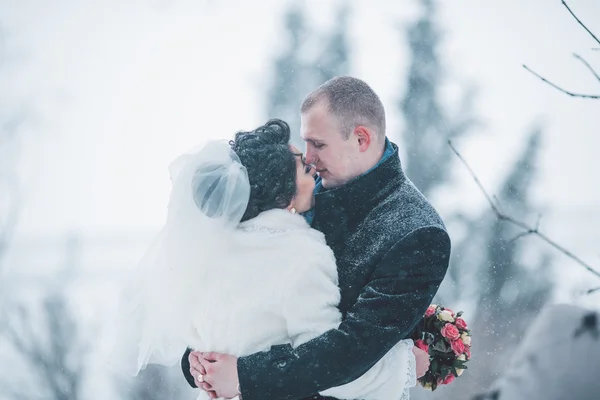 Bride and groom on the background of a winter city — Stock Photo, Image